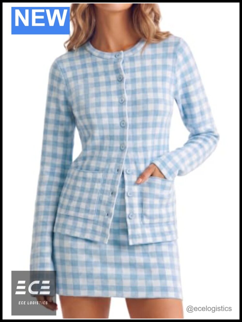Womens Gingham Cardigan Sweater & Mini Skirt 2 Piece Knit Set